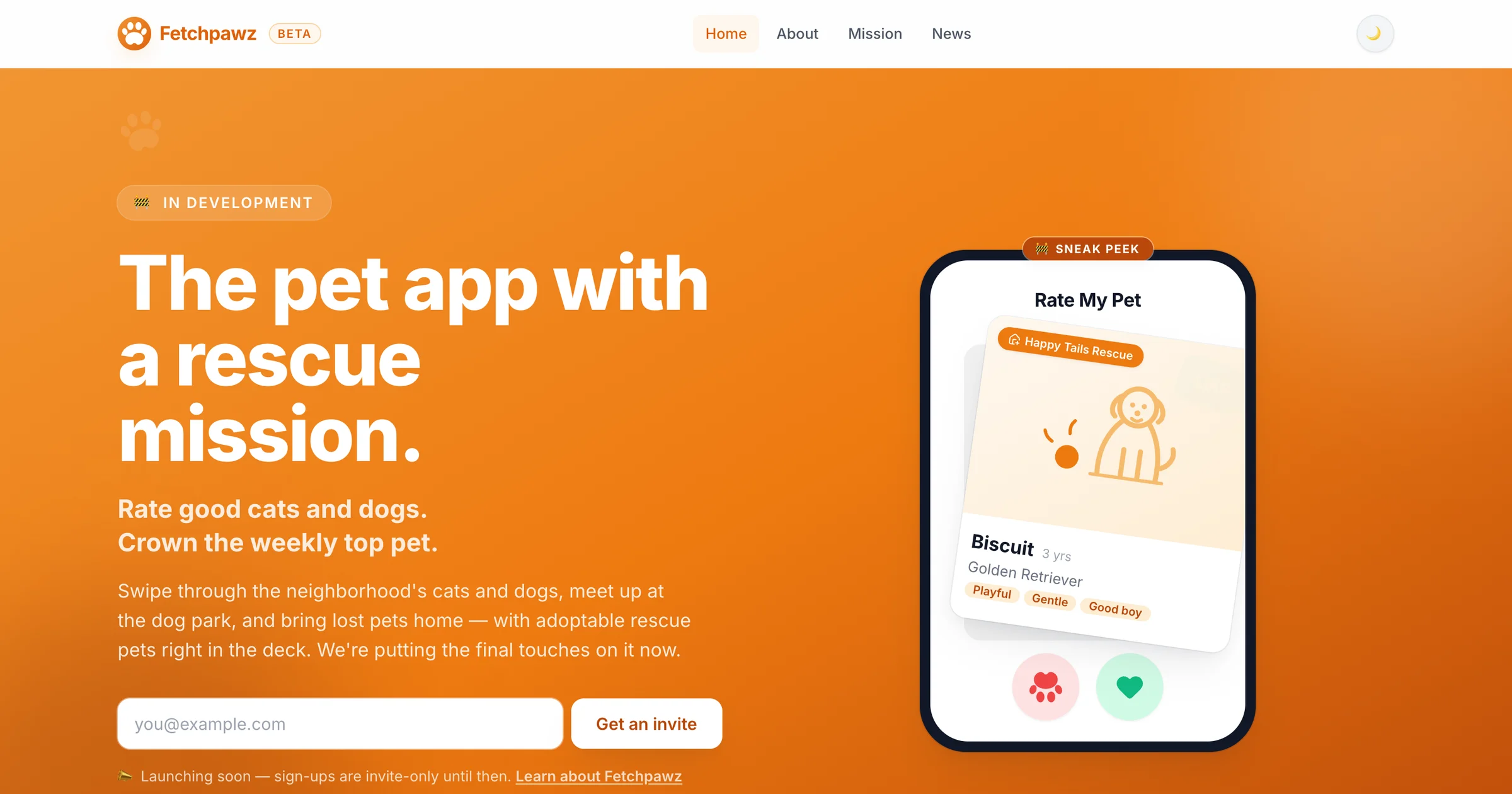 Fetchpawz’s landing page: “The pet app with a rescue mission”, beside a pet card from a rescue.